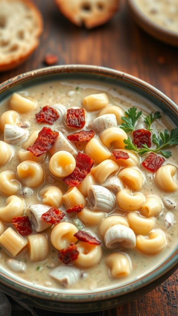 A bowl of creamy clam chowder with elbow macaroni, bacon bits, and parsley on a rustic wooden table.